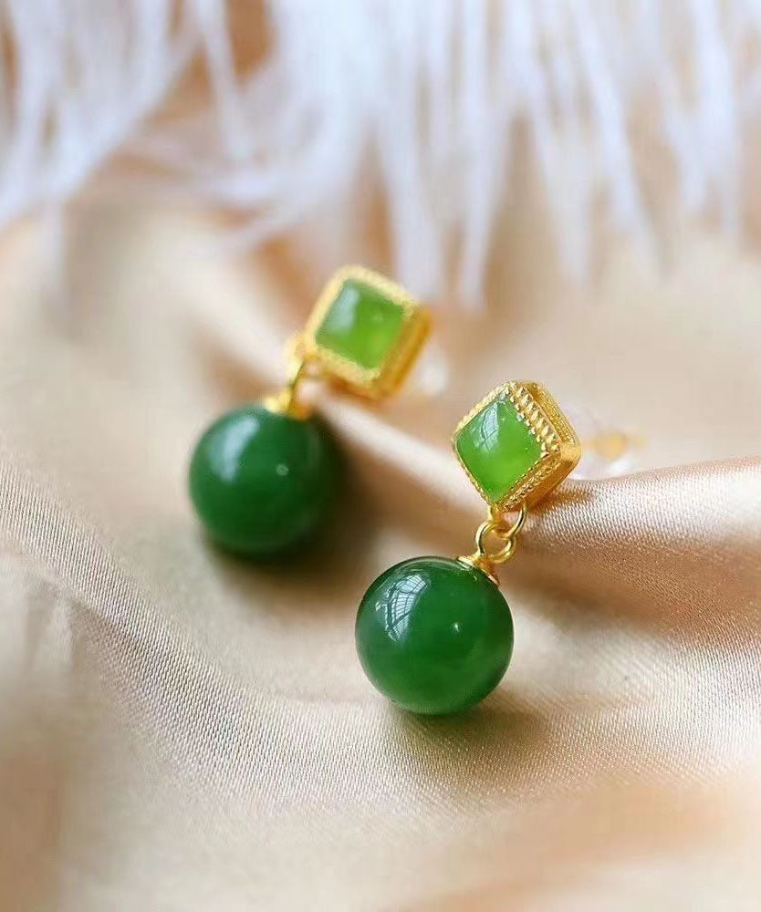 Spinach Green Sterling Silver Overgild Jade Drop Earrings