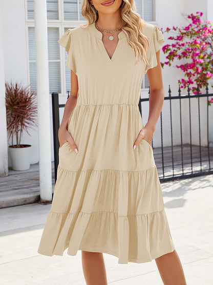 Loose Ruffle Sleeves Pleated Pockets Color Split-joint V-neck Midi Dresses