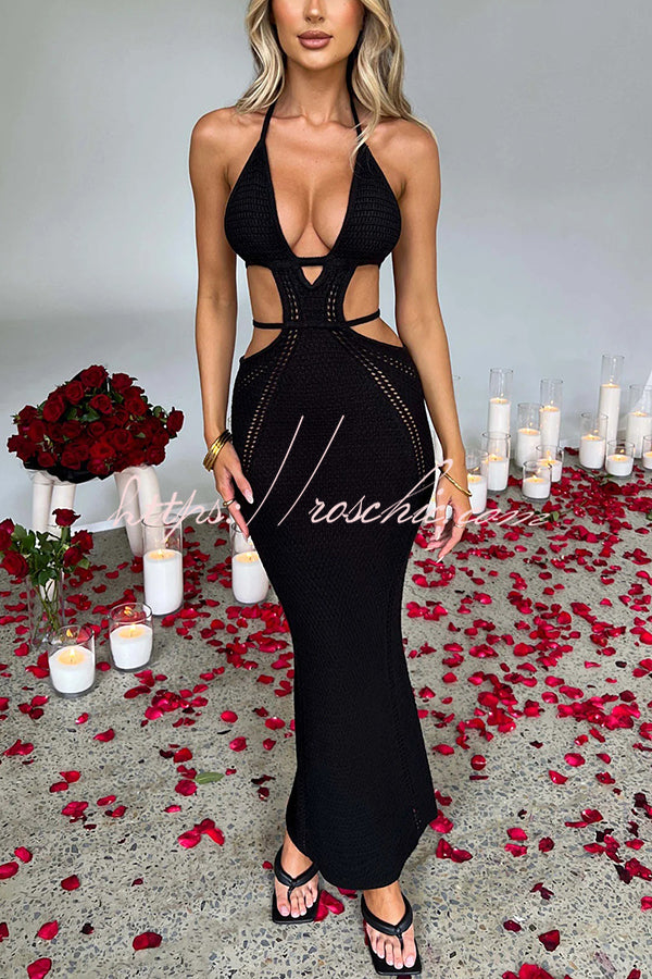 Effortlessly Cool and Knit Crochet Cutout Halter Tie-up Stretch Maxi Dress