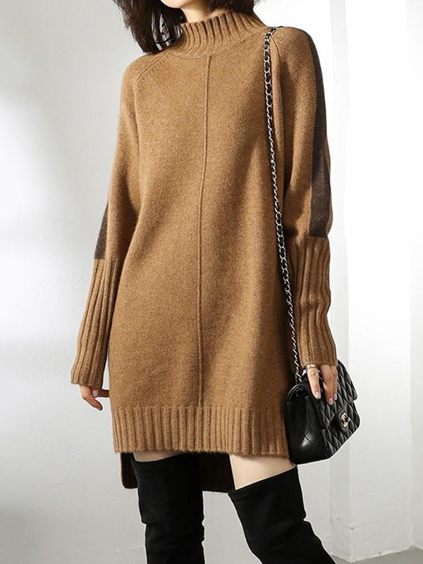 Loose Long Sleeves Contrast Color Half Turtleneck Sweater Dresses
