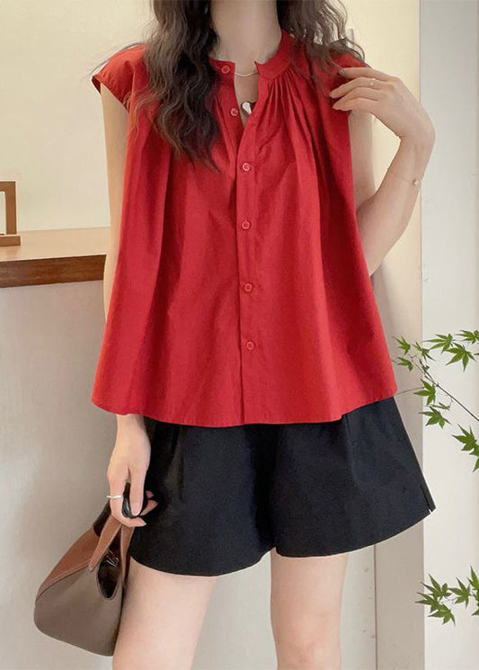 Red O Neck Button Cotton Blouses Sleeveless Qp063