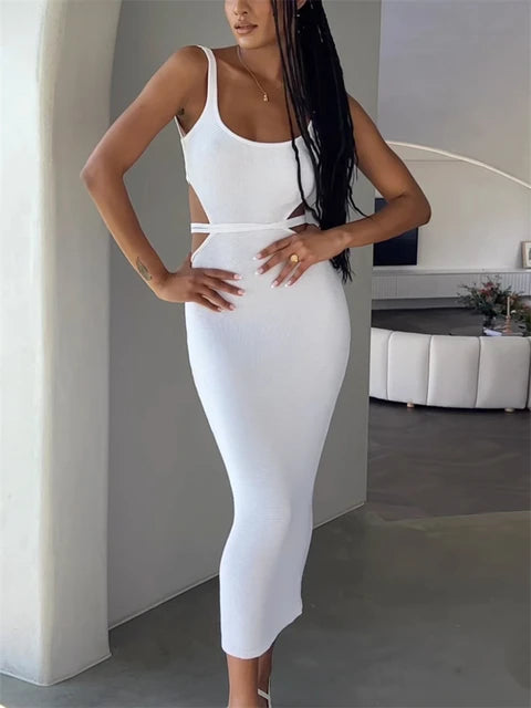 Holiday Crochet Summer Dress Backless Maxi Bodycon Dress for Beach Party Spaghetti Strap Contrast Color Long Dresses
