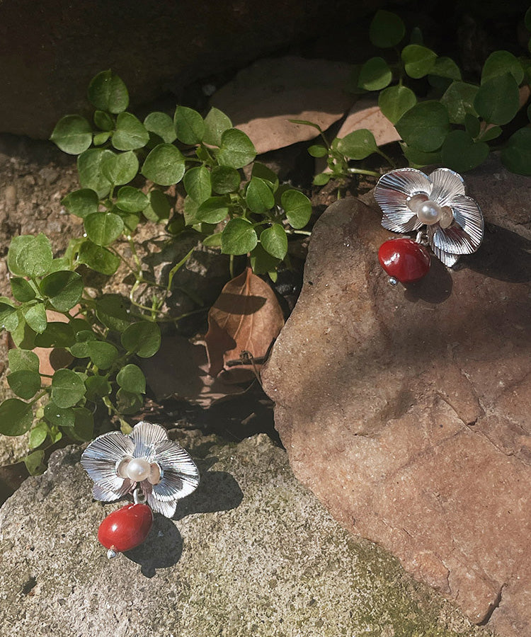 Fine Red Sterling Silver Pearl Red Beans Drop Earrings
