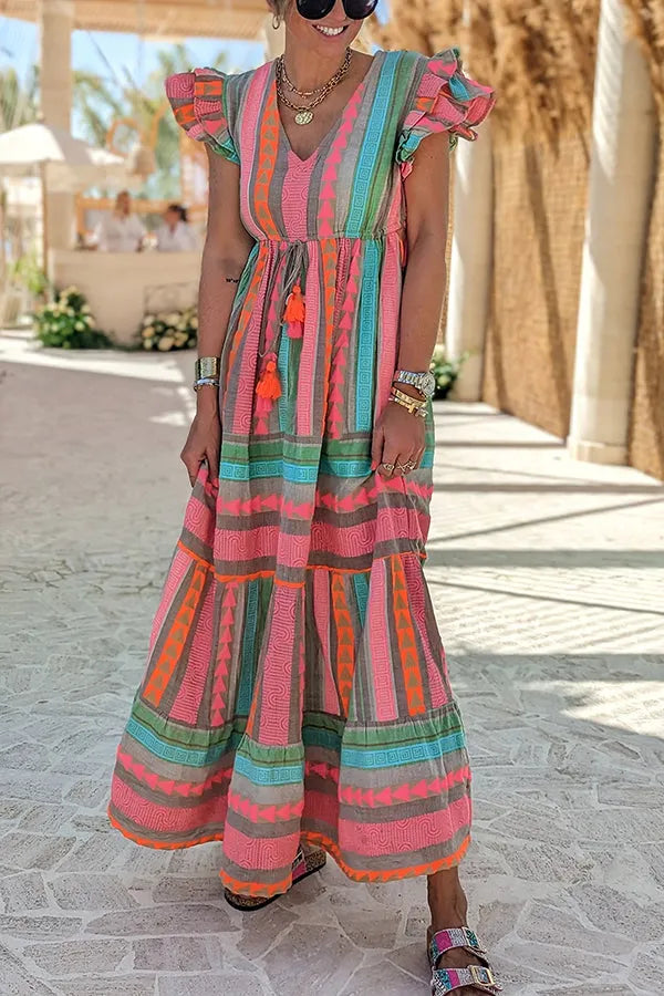 Sunlit Magic Linen Blend Print Ruffle Sleeve Tassel Maxi Dress