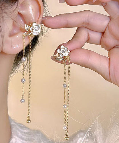 Stylish Gold Copper Overgild Pearl Chain Tassel Drop Earrings