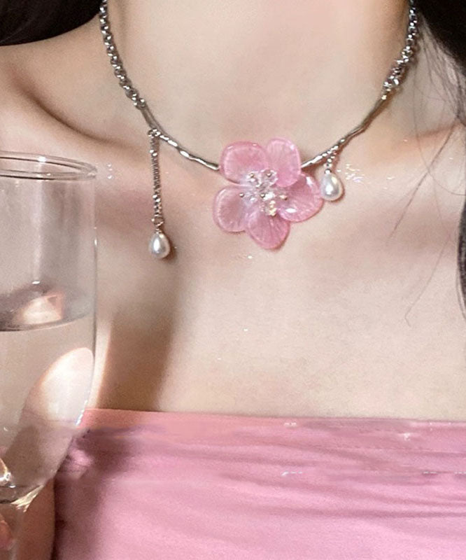 Retro Pink Stainless Steel Pearl Tassel Pendant Necklace
