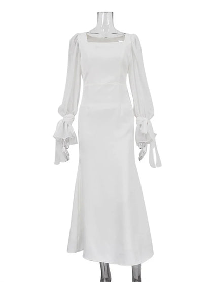 White Ruffled Mesh Maxi Dress – High Waist Patchwork Slim Party Lace-up Long Dress