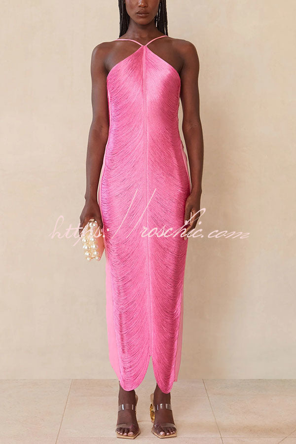 Allnight Metallic Halterneck Backless Fringed Slit Maxi Dress