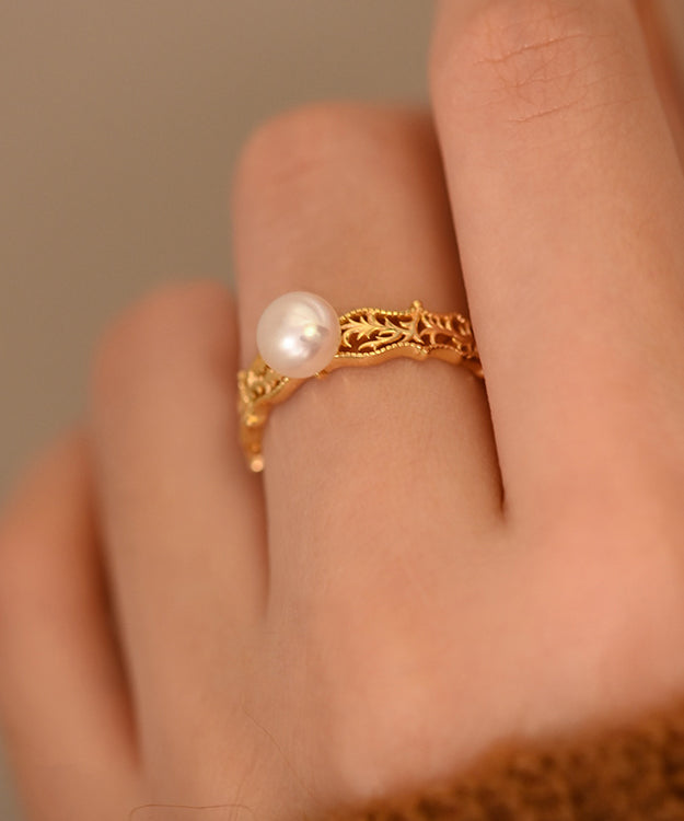 Pearl Hollow Out Adjustable Gold Plated Rings