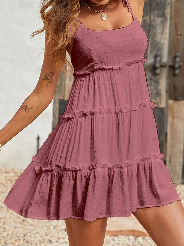 A-line Loose Jacquard Layered Pleated Color Split-joint Spaghetti-neck Mini Dresses