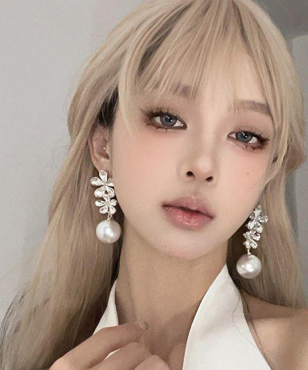 Stylish White Copper Overgild Zircon Pearl Drop Earrings