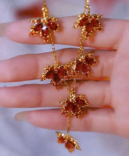 Red Copper Alloy Crystal Maple Leaves Pendant Necklace