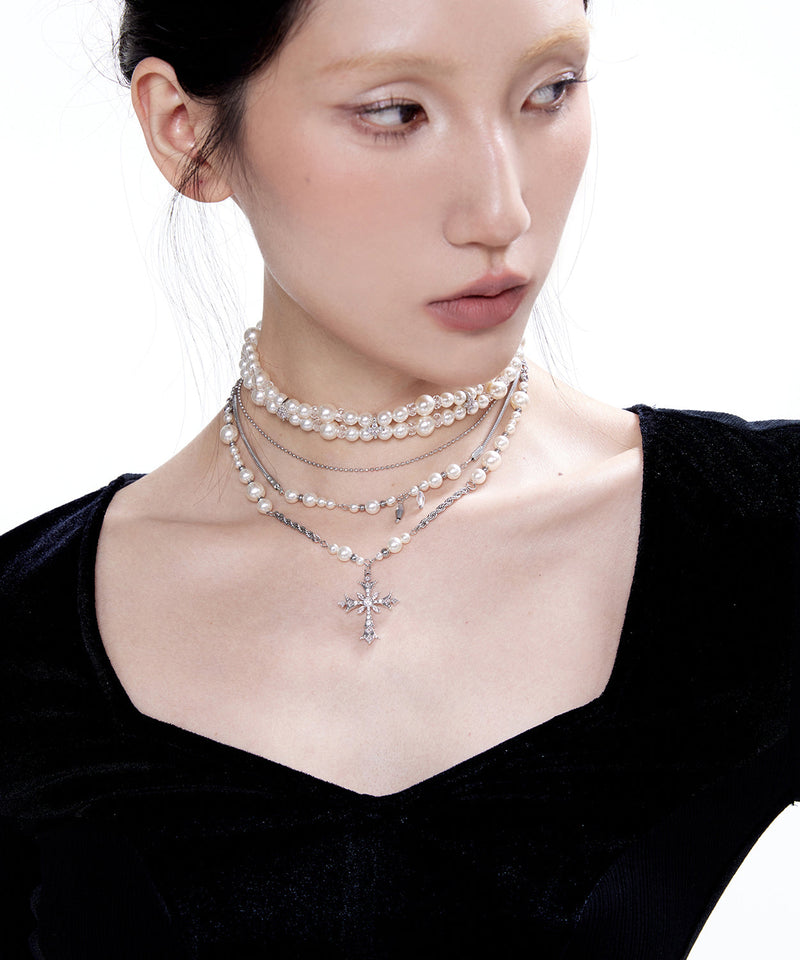 Pearl Cross Two Piece Set Alloy Layering Pendant Necklace