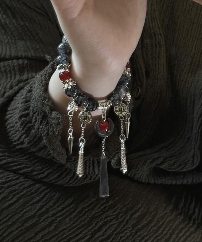 Black Sterling Silver Agate Tassel Charm Bracelet