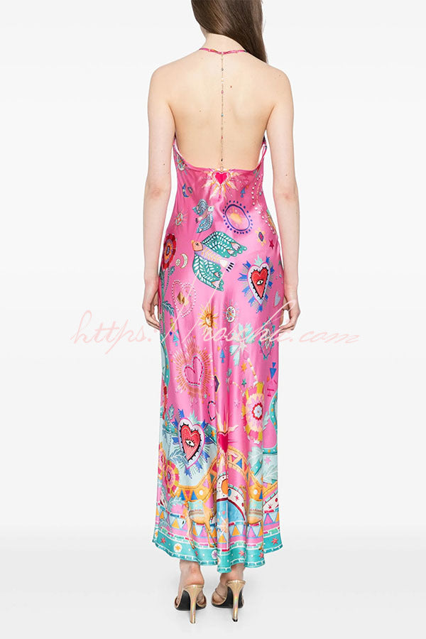 Effortless Satin Unique Print Back Chain Detail Slip Maxi Dress