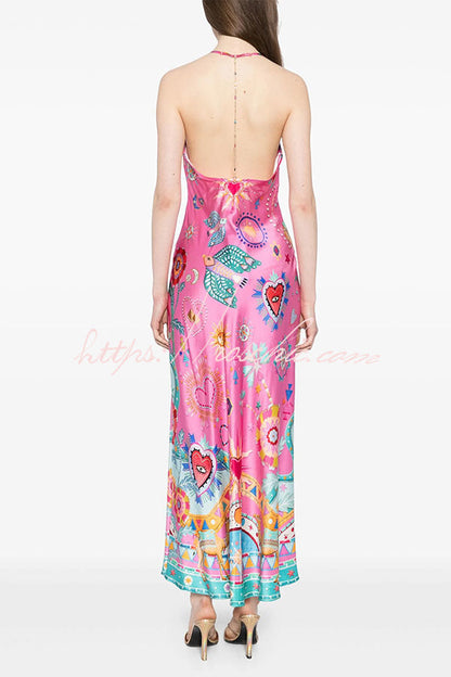Effortless Satin Unique Print Back Chain Detail Slip Maxi Dress