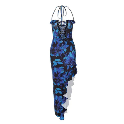 Irregular Hollow Backless Dresses Fashionable High Waist Slit Printed Long Dress Sleeveless Evening Dresses