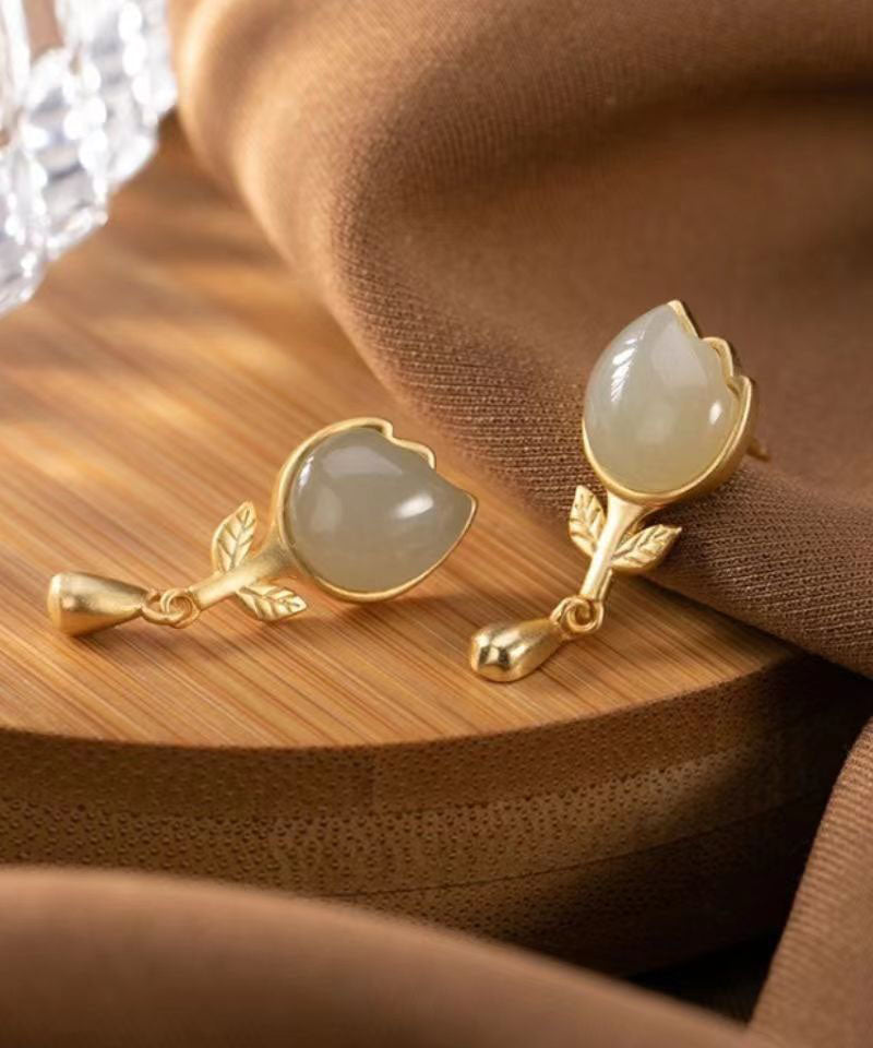 Yellow Sterlign Silver Inlaid Jade Leaf Drop Earrings