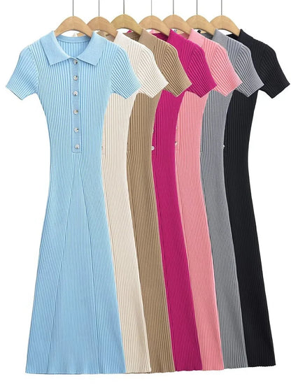 Ribbed High Waist Slim Maxi Dress for Knitwear Lapel Party Dress Gown Short Sleeve Knit Dress