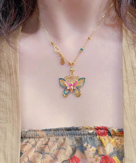 Chinese Style Sterling Silver Overgild Enameling Butterfly Pendant Necklace