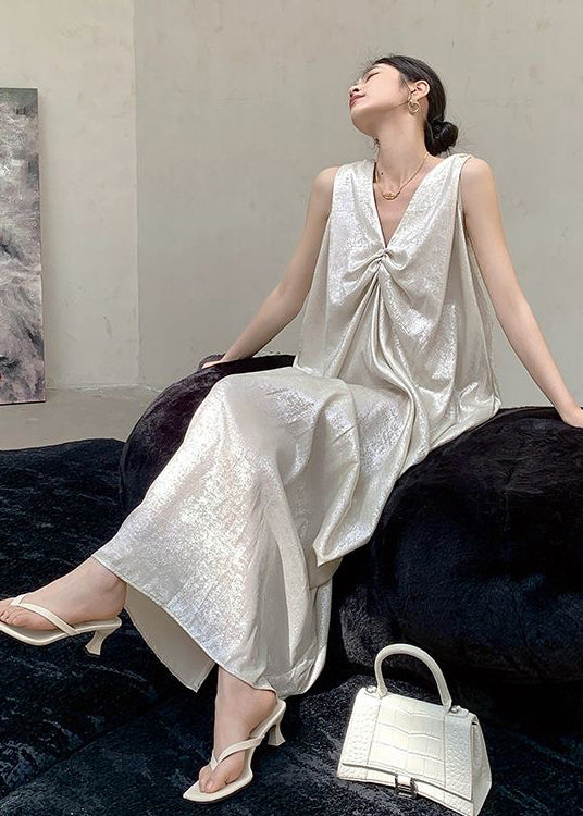 French Beige V Neck Wrinkled Silk Long Dress Sleeveless Ee024