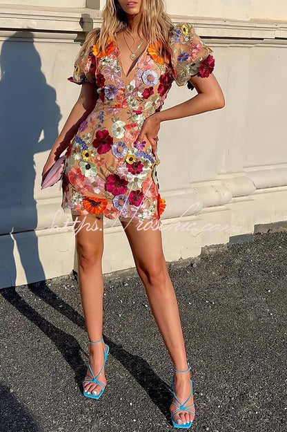 Garden Gala Embroidered Applique Puff Sleeve Mini Dress