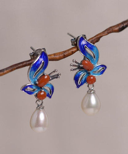 Blue Sterling Silver Cloisonne Jade Pearl Butterfly Stud Earrings