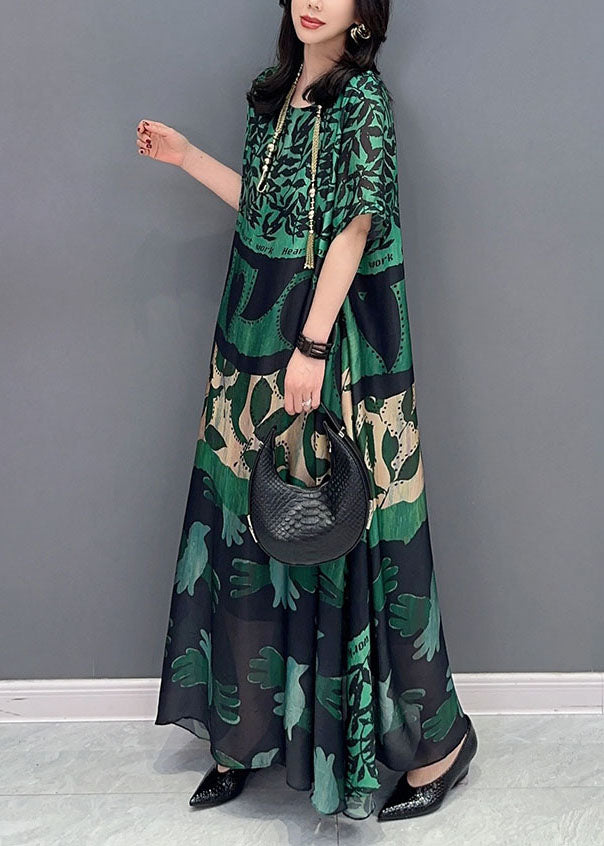 Black Texture O Neck Pockets Print Patchwork Silk Long Dresses Summer Tt1032