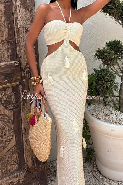 Halterneck Waist-baring Tassel-embellished Knitted Maxi Dress