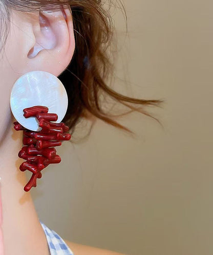 Red Copper Alloy Shell Resin Drop Earrings