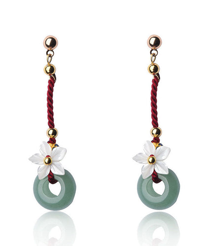 Green Shell Flower Jade 14k Gold Drop Earrings