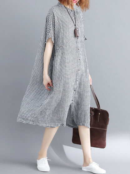 Artistic Retro Loose Split-joint Plaid Buttoned Stand Collar Half Sleeves Midi Dress