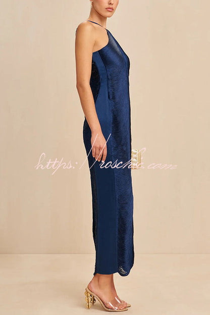 Allnight Metallic Halterneck Backless Fringed Slit Maxi Dress