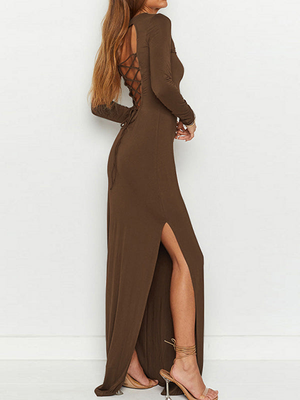 Bodycon Long Sleeves Backless Hollow Color Split-side Round-neck Maxi Dresses