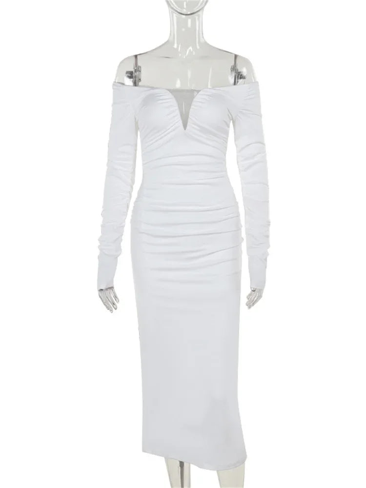 V-neck Off-shoulder Long Dress for Pleated Long Sleeve High Waist Skinny Dress Female Slim Maxi Dress New