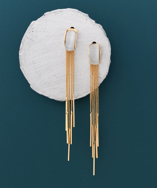 Skinny Gold Sterling Silver Alloy Cymophane Tassel Drop Earrings