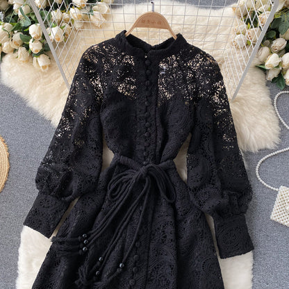 Apricot Cashew Flower Lace Embroidery Single Breasted Lantern Sleeve Midi Dress
