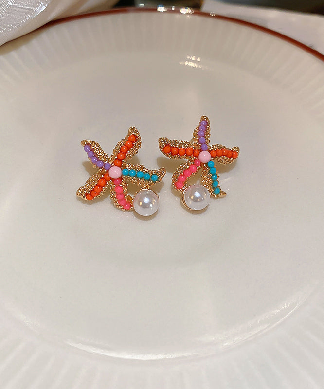 Rainbow Alloy Zircon Pearl Starfish Stud Earrings