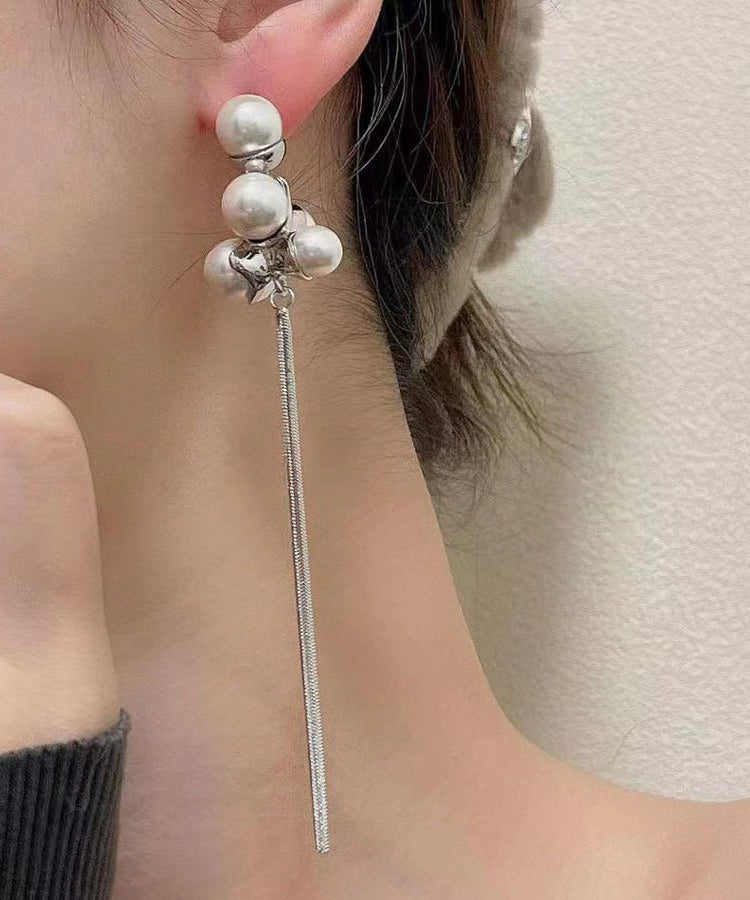 Silk Sterling Silver Alloy Pearl Tassel Drop Earrings