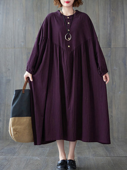 Loose Puff Sleeves Pleated Color Stand Collar Midi Dresses