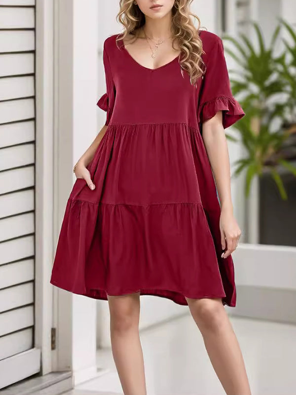 A-line Flared Sleeves Pleated Pockets Ruffled Color Split-joint Round-neck Mini Dresses