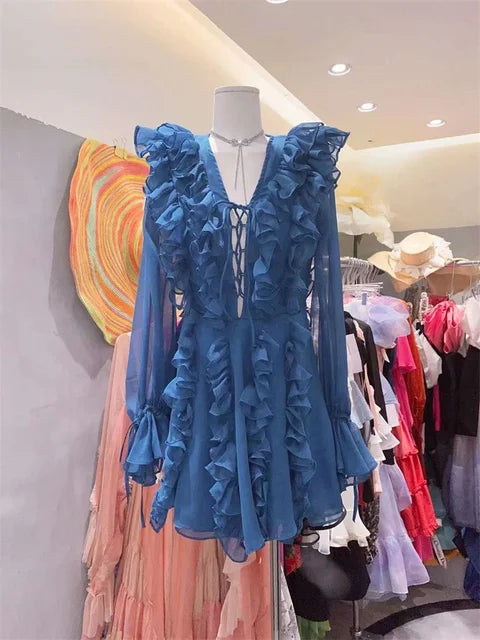 V-neck Lace-up Ruffled Mini Dress – Summer Mesh Bandage High Waist Party Gown