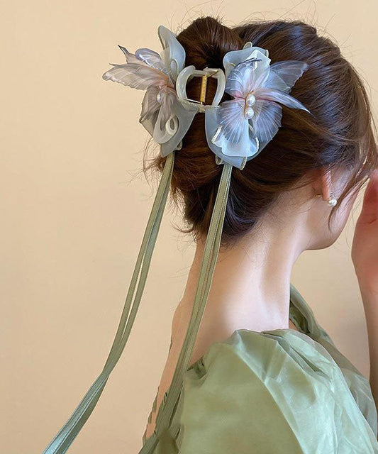 Green Acrylic Fabric Pearl Bow Ribbon Hairpin