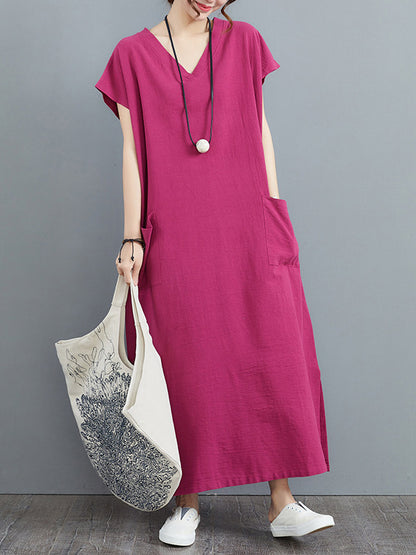 Simple Ramie Cotton Color Split-side With Pocket V-neck Short Sleeves Maxi Dress
