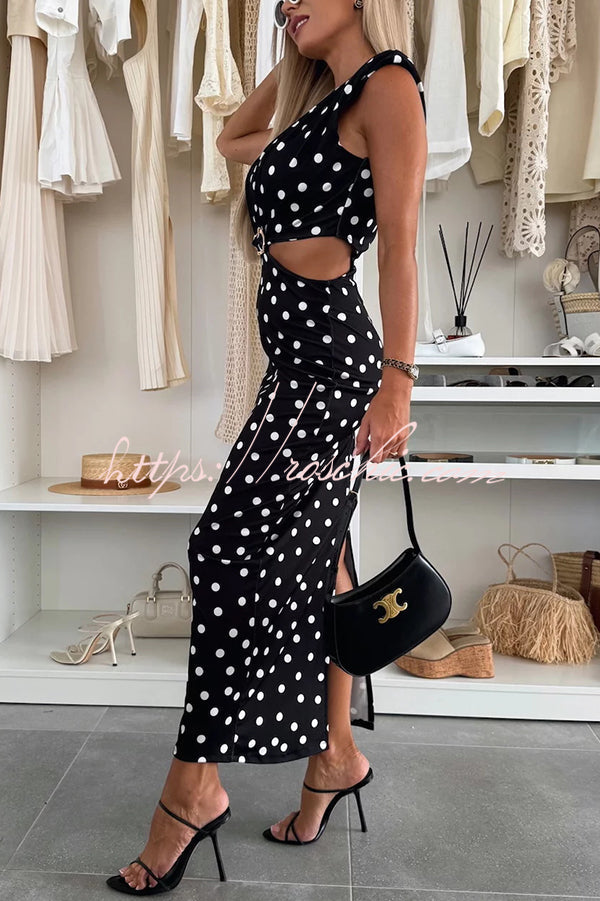 Roxane Polka Dot Print Shoulder Pad Metal Cutout Waist Slit Stretch Maxi Dress