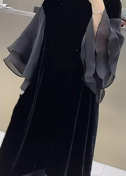Black O-neck Patchwork Silk Velvet Maxi Dress Butterfly Sleeve Wd032