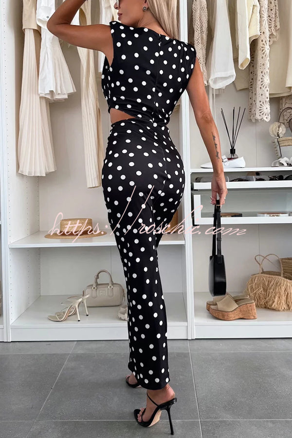 Roxane Polka Dot Print Shoulder Pad Metal Cutout Waist Slit Stretch Maxi Dress