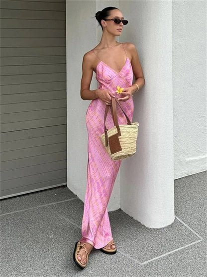 Printed Contrast Maxi Dress ’s V-neck Backless Side Split Slim Autumn Party Dress Female Clothes