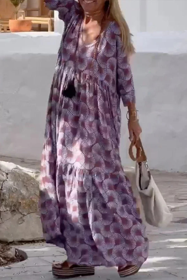 Printed Plunging Half Sleeves Loose Maxi Dresses