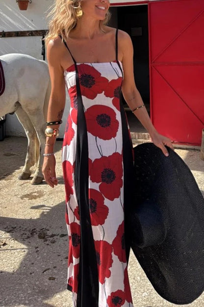Print Suspenders Paneled Back Pleated Maxi Dress